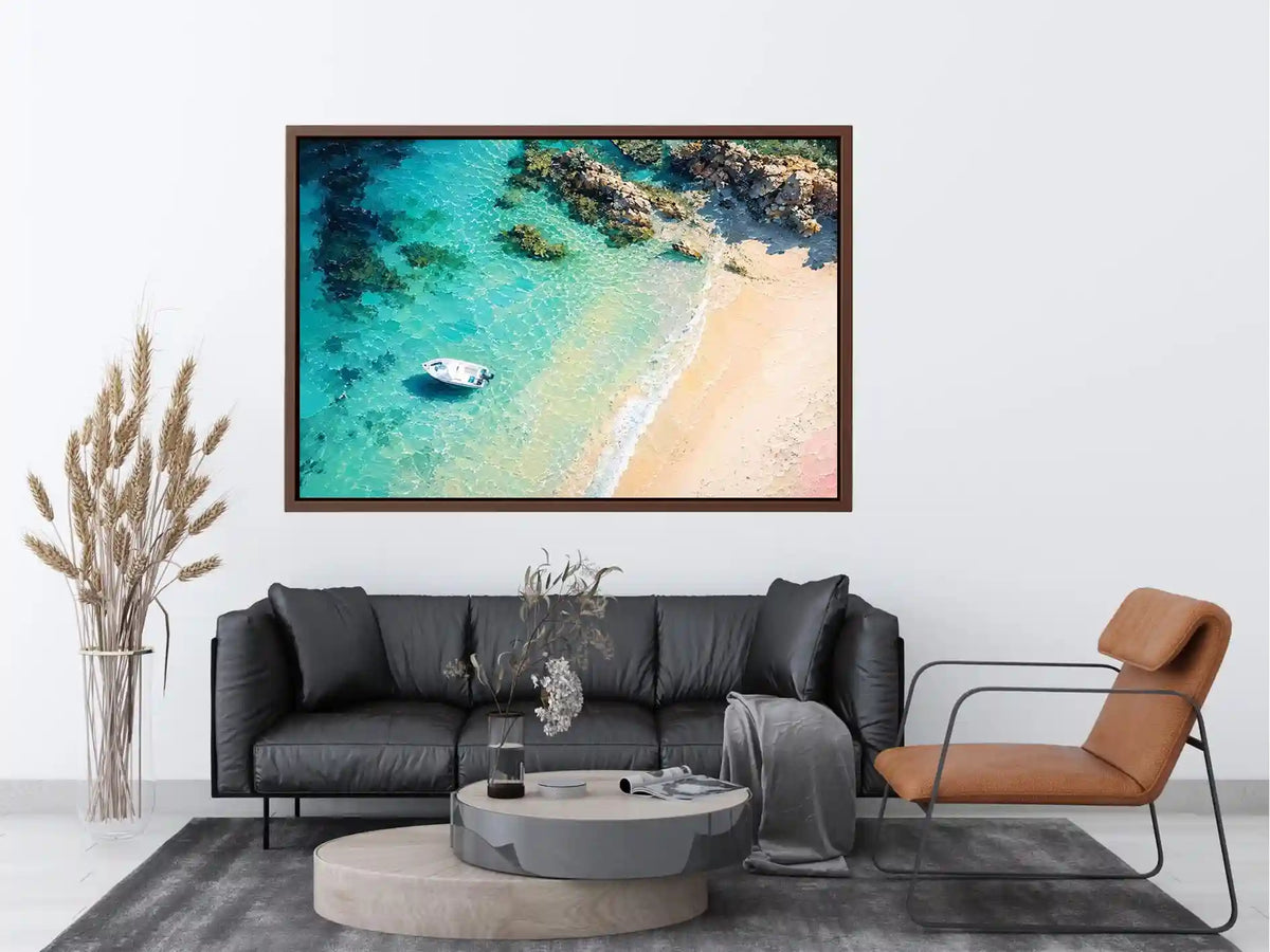 Tropical lagoon coastal painting with turquoise waters, sandy beach, and white boat floating near rocky shoreline