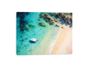 Tropical lagoon coastal painting with turquoise waters, sandy beach, and white boat floating near rocky shoreline