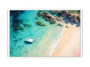 Tropical lagoon coastal painting with turquoise waters, sandy beach, and white boat floating near rocky shoreline