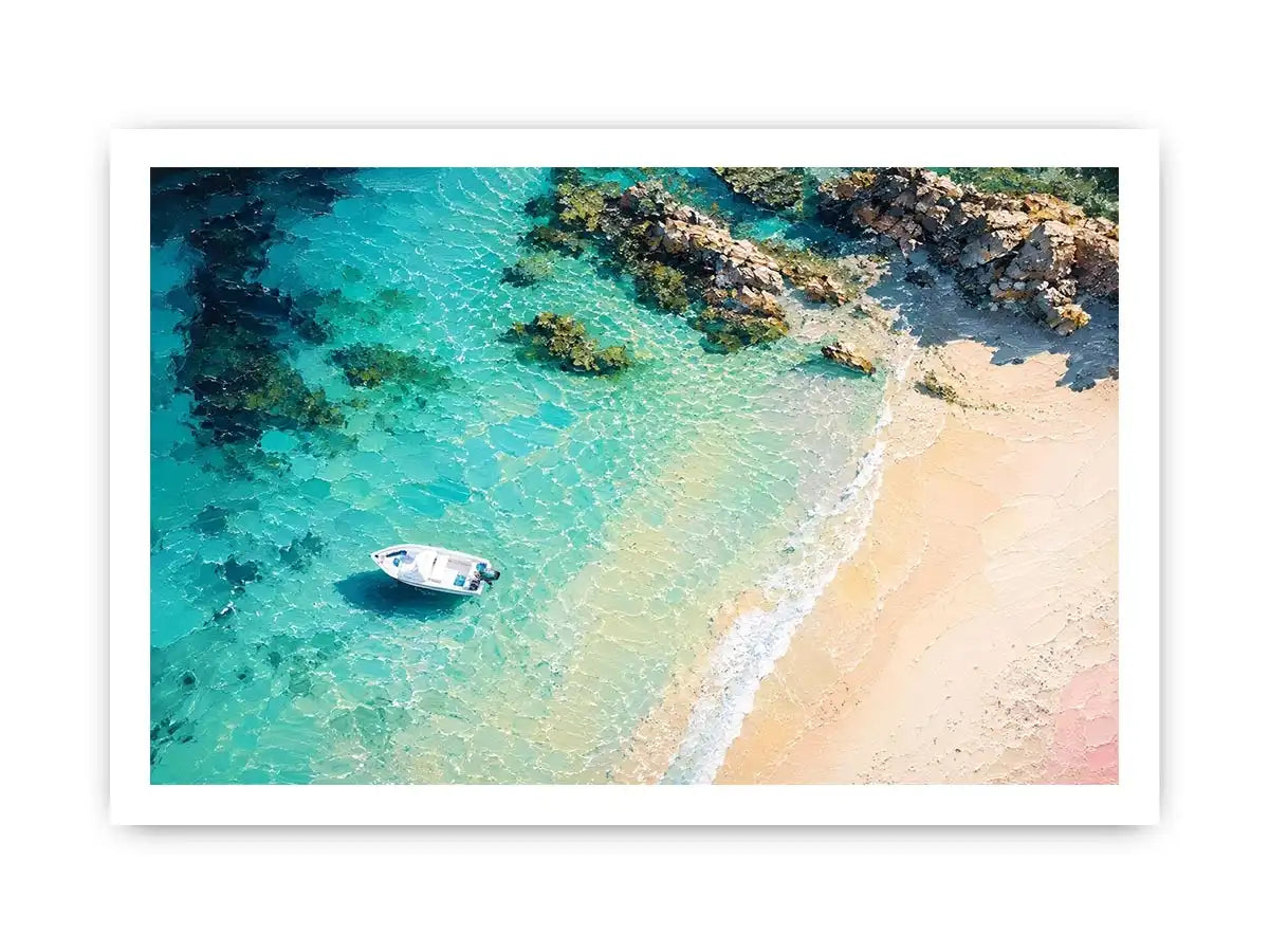 Tropical lagoon coastal painting with turquoise waters, sandy beach, and white boat floating near rocky shoreline