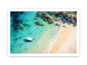 Tropical lagoon coastal painting with turquoise waters, sandy beach, and white boat floating near rocky shoreline