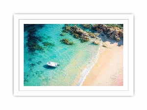 Tropical lagoon coastal painting with turquoise waters, sandy beach, and white boat floating near rocky shoreline