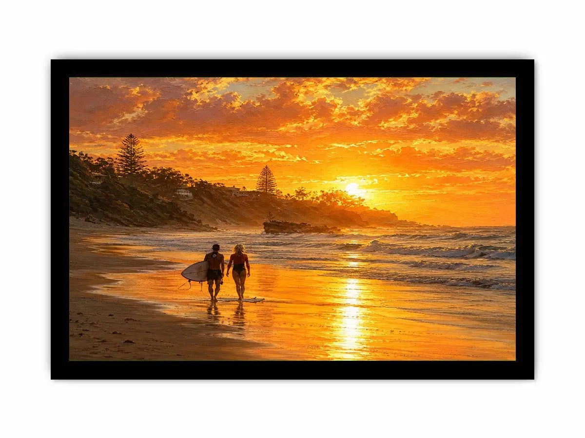 Golden sunset beach painting featuring two surfers walking along reflective shoreline waves at sunset