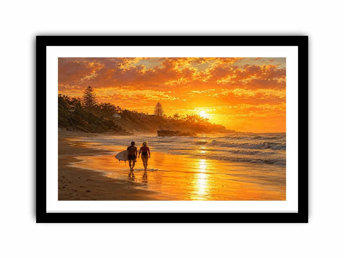 Golden sunset beach painting featuring two surfers walking along reflective shoreline waves at sunset