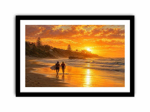 Golden sunset beach painting featuring two surfers walking along reflective shoreline waves at sunset