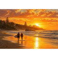 Golden sunset beach painting featuring two surfers walking along reflective shoreline waves at sunset