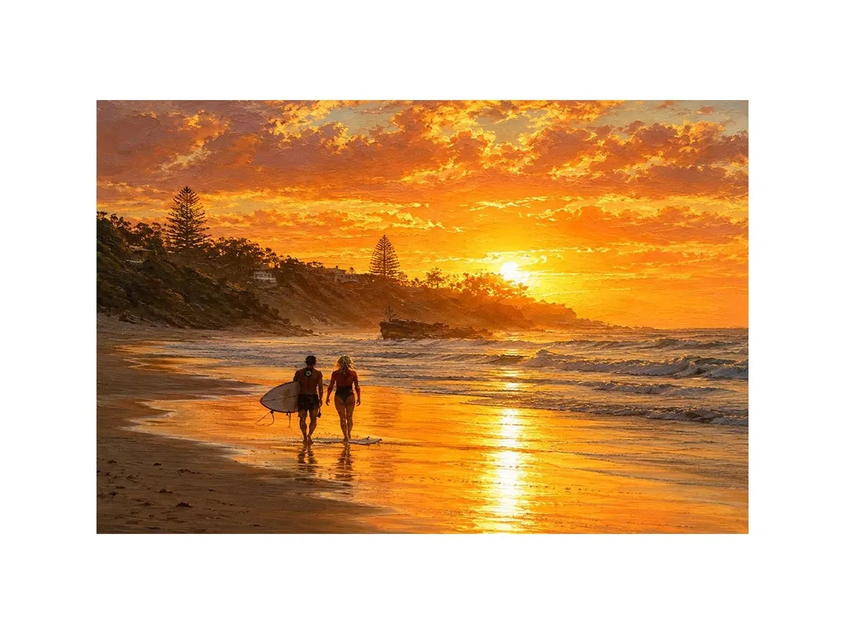 Golden sunset beach painting featuring two surfers walking along reflective shoreline waves at sunset