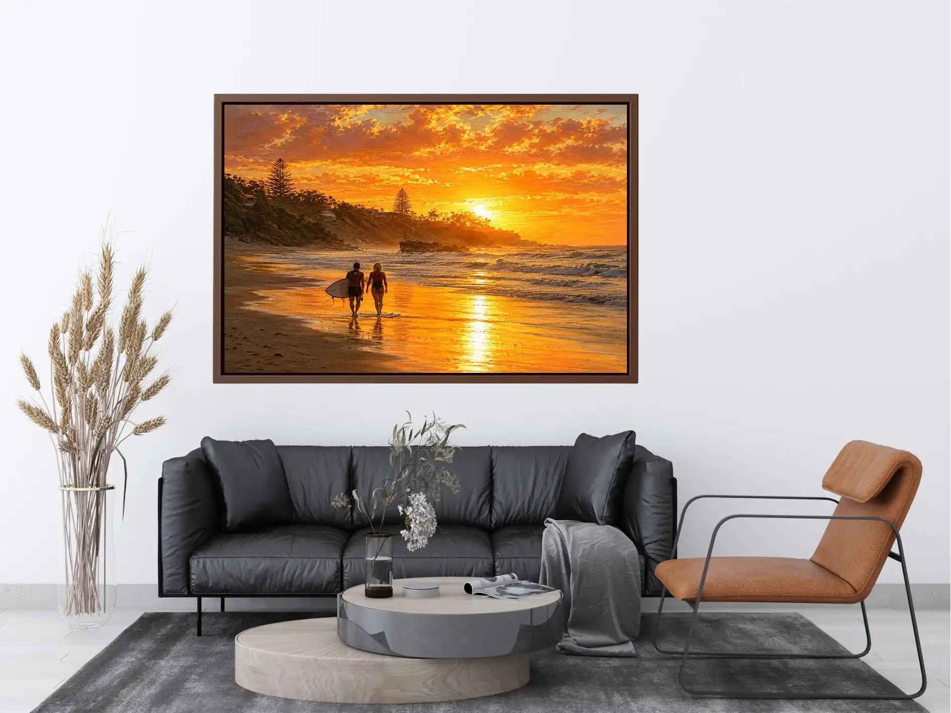 Golden sunset beach painting featuring two surfers walking along reflective shoreline waves at sunset
