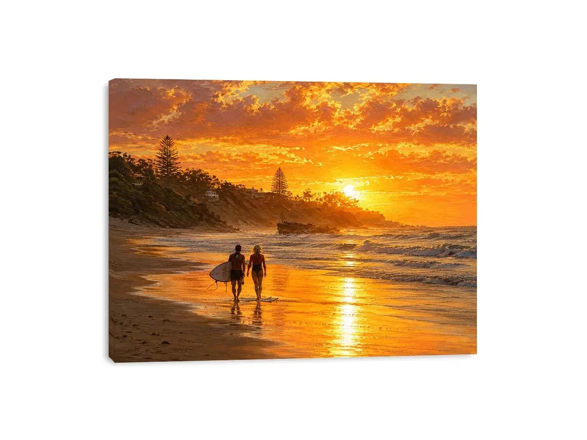 Golden sunset beach painting featuring two surfers walking along reflective shoreline waves at sunset
