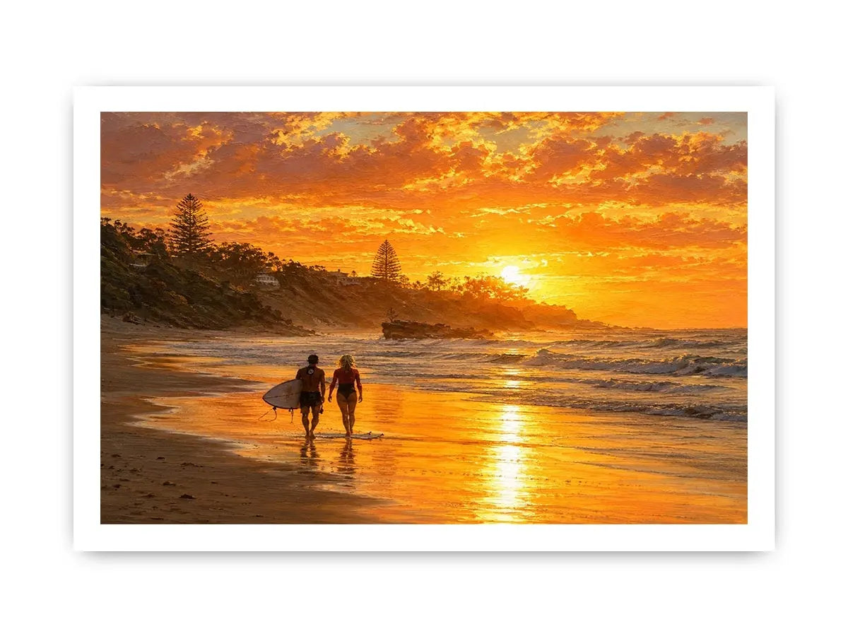 Golden sunset beach painting featuring two surfers walking along reflective shoreline waves at sunset