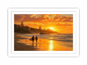 Golden sunset beach painting featuring two surfers walking along reflective shoreline waves at sunset