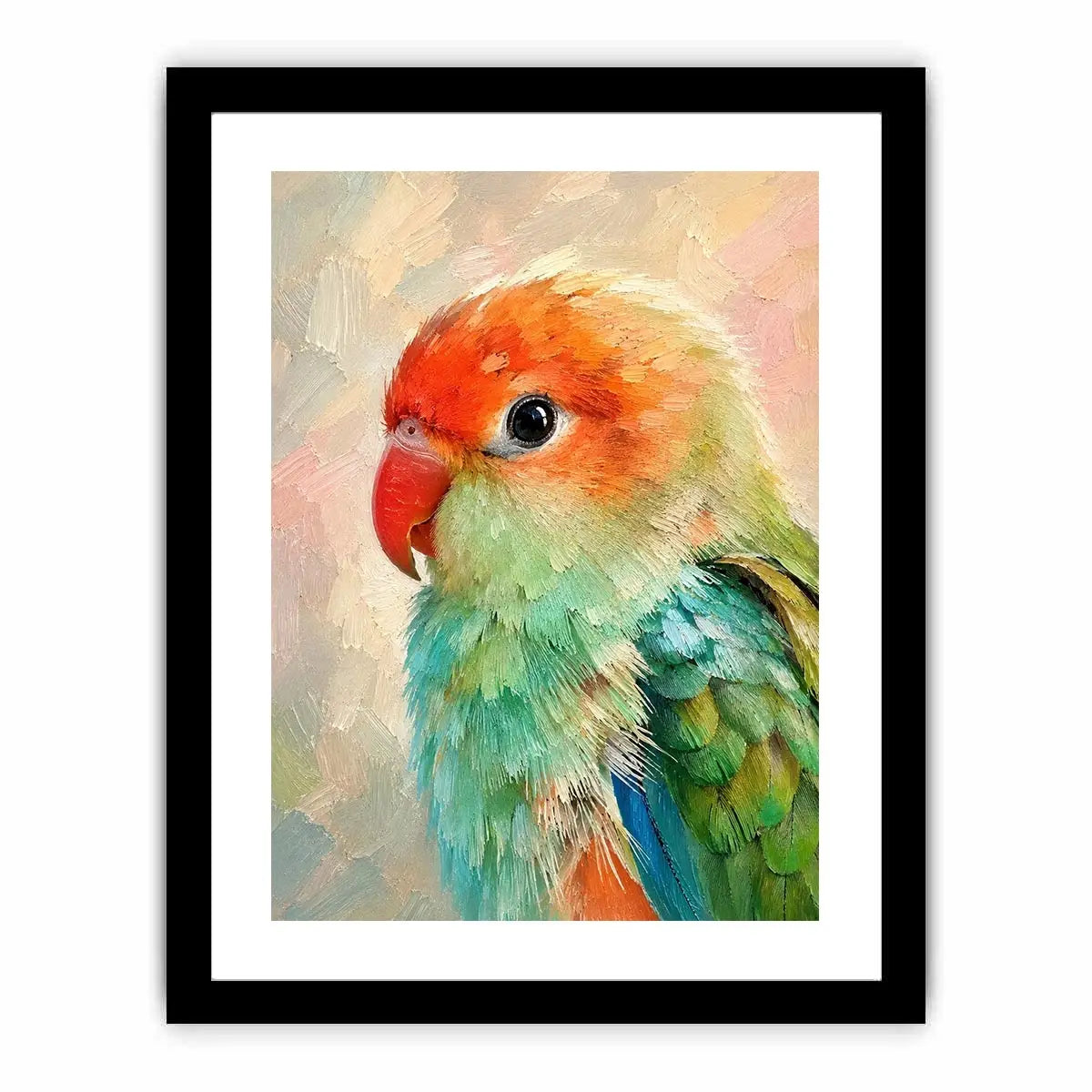 Pastel lovebird portrait painting with vibrant mint green and coral feathers in textured brushstroke style
