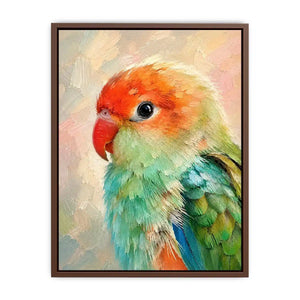 Pastel lovebird portrait painting with vibrant mint green and coral feathers in textured brushstroke style