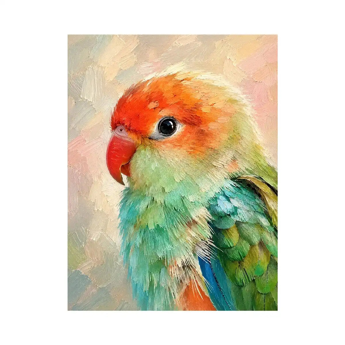 Pastel lovebird portrait painting with vibrant mint green and coral feathers in textured brushstroke style