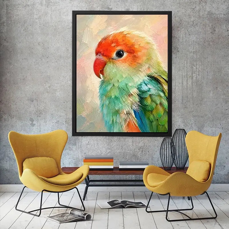 Pastel lovebird portrait painting with vibrant mint green and coral feathers in textured brushstroke style