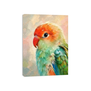 Pastel lovebird portrait painting with vibrant mint green and coral feathers in textured brushstroke style