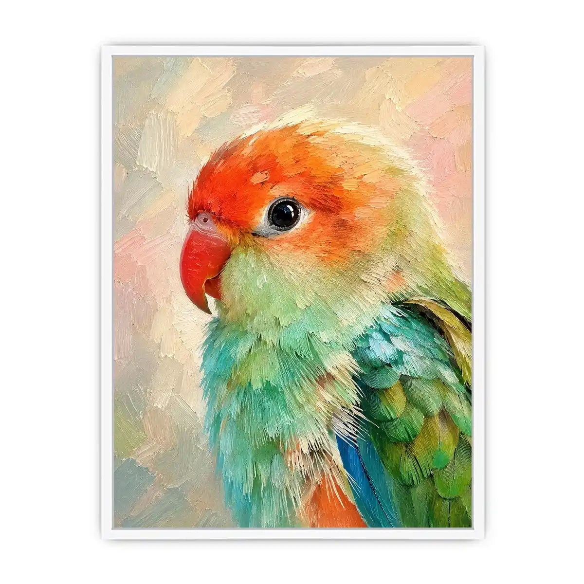 Pastel lovebird portrait painting with vibrant mint green and coral feathers in textured brushstroke style