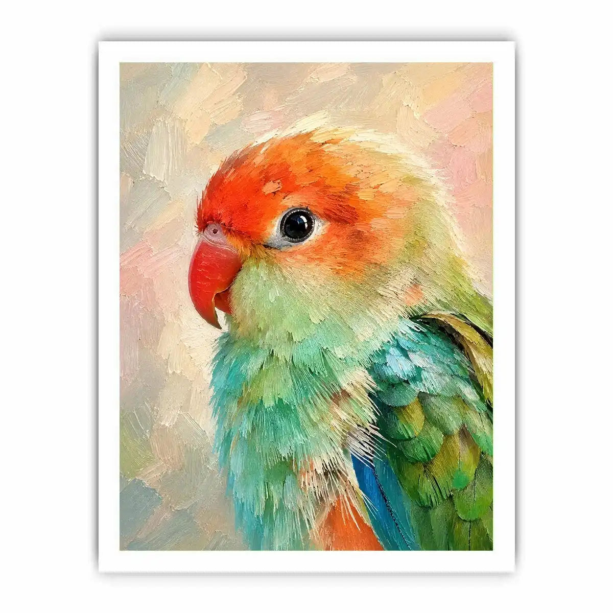 Pastel lovebird portrait painting with vibrant mint green and coral feathers in textured brushstroke style
