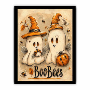 Cute Halloween ghost painting with whimsical bees, pumpkins, and textured autumn-inspired artwork
