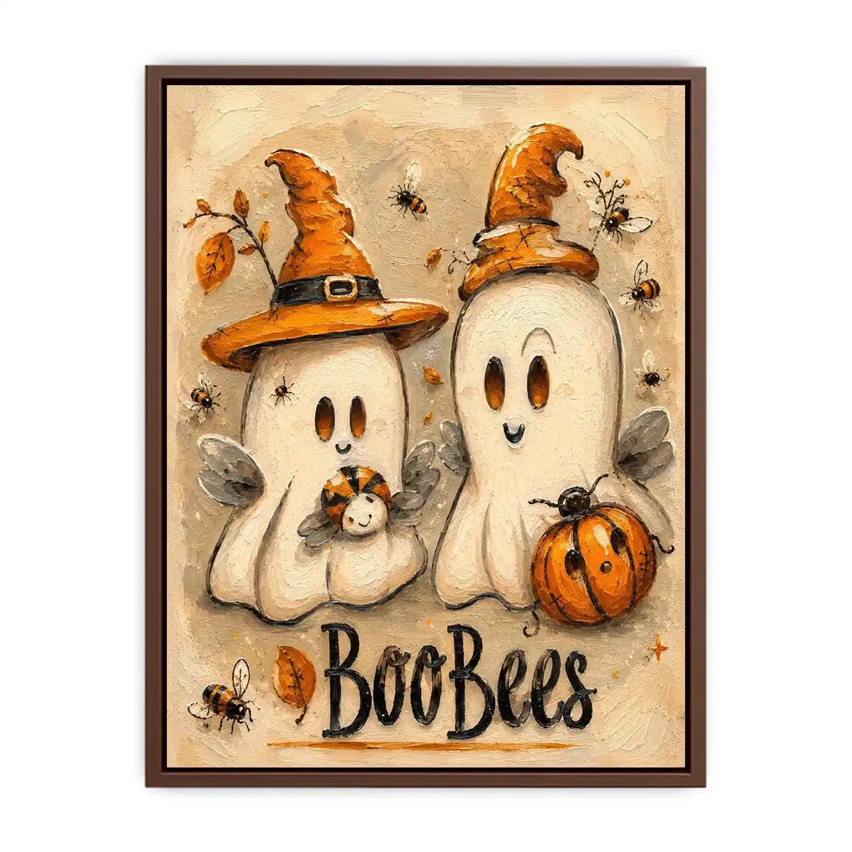 Cute Halloween ghost painting with whimsical bees, pumpkins, and textured autumn-inspired artwork