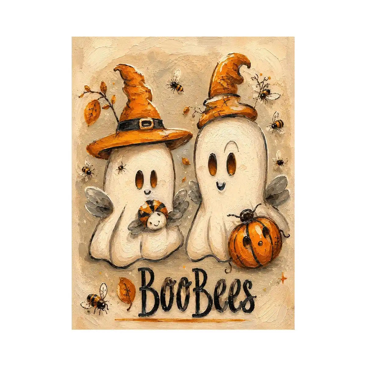 Cute Halloween ghost painting with whimsical bees, pumpkins, and textured autumn-inspired artwork