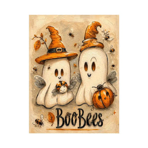 Cute Halloween ghost painting with whimsical bees, pumpkins, and textured autumn-inspired artwork