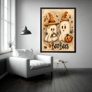 Cute Halloween ghost painting with whimsical bees, pumpkins, and textured autumn-inspired artwork