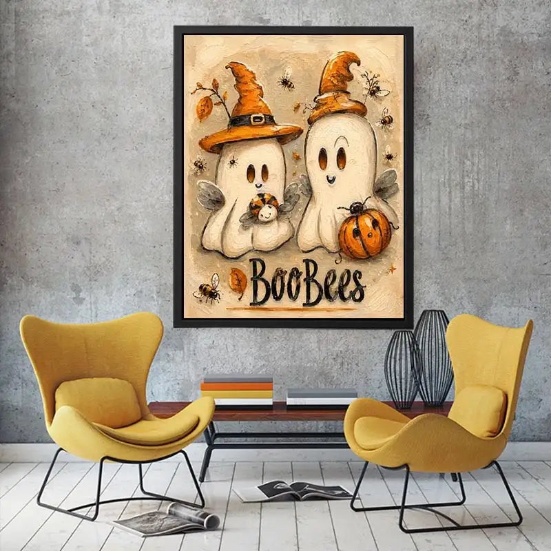 Cute Halloween ghost painting with whimsical bees, pumpkins, and textured autumn-inspired artwork