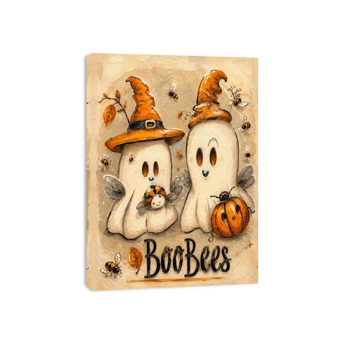 Cute Halloween ghost painting with whimsical bees, pumpkins, and textured autumn-inspired artwork