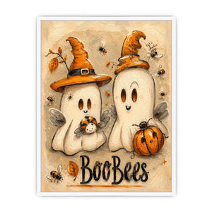 Cute Halloween ghost painting with whimsical bees, pumpkins, and textured autumn-inspired artwork