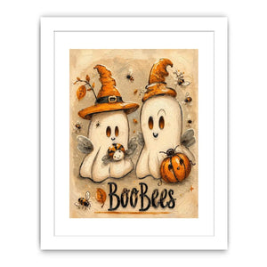 Cute Halloween ghost painting with whimsical bees, pumpkins, and textured autumn-inspired artwork