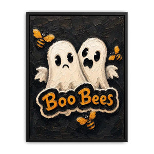Spooky cute Halloween artwork featuring ghost characters and buzzing bees on a textured black background