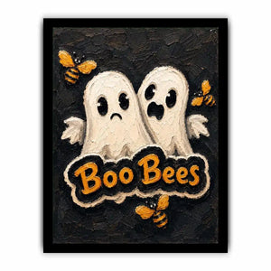 Spooky cute Halloween artwork featuring ghost characters and buzzing bees on a textured black background