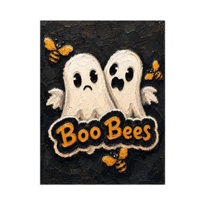 Spooky cute Halloween artwork featuring ghost characters and buzzing bees on a textured black background