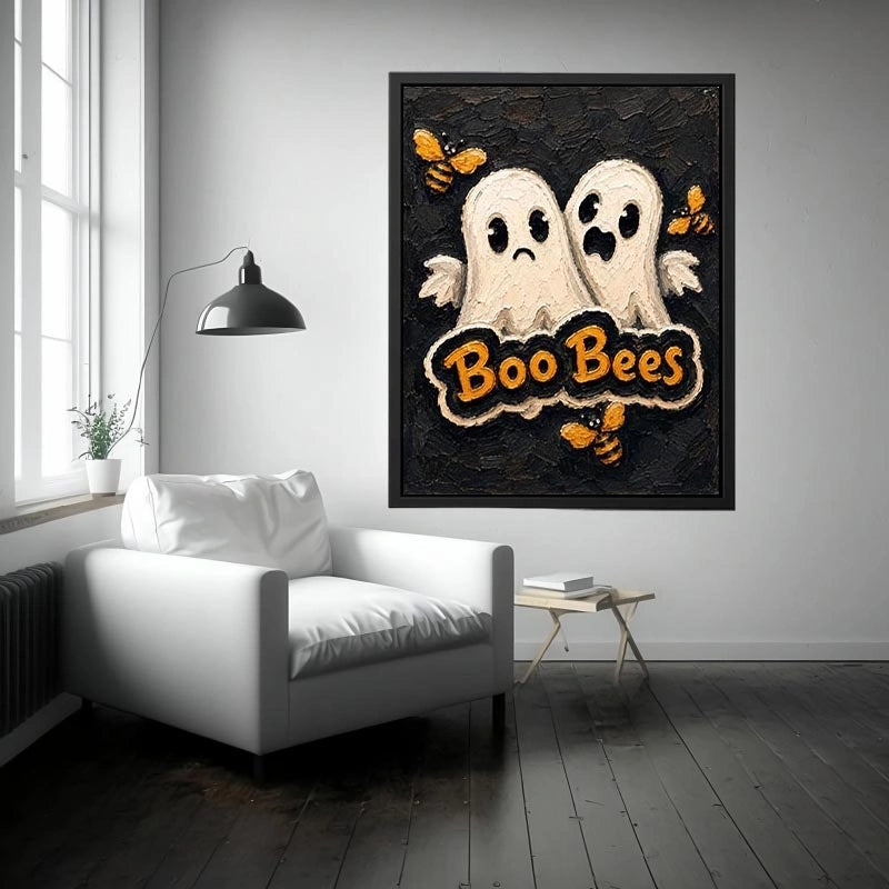 Spooky cute Halloween artwork featuring ghost characters and buzzing bees on a textured black background