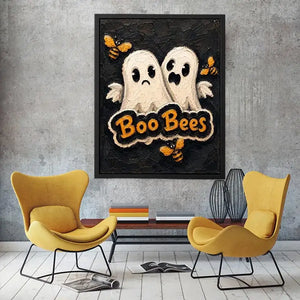 Spooky cute Halloween artwork featuring ghost characters and buzzing bees on a textured black background