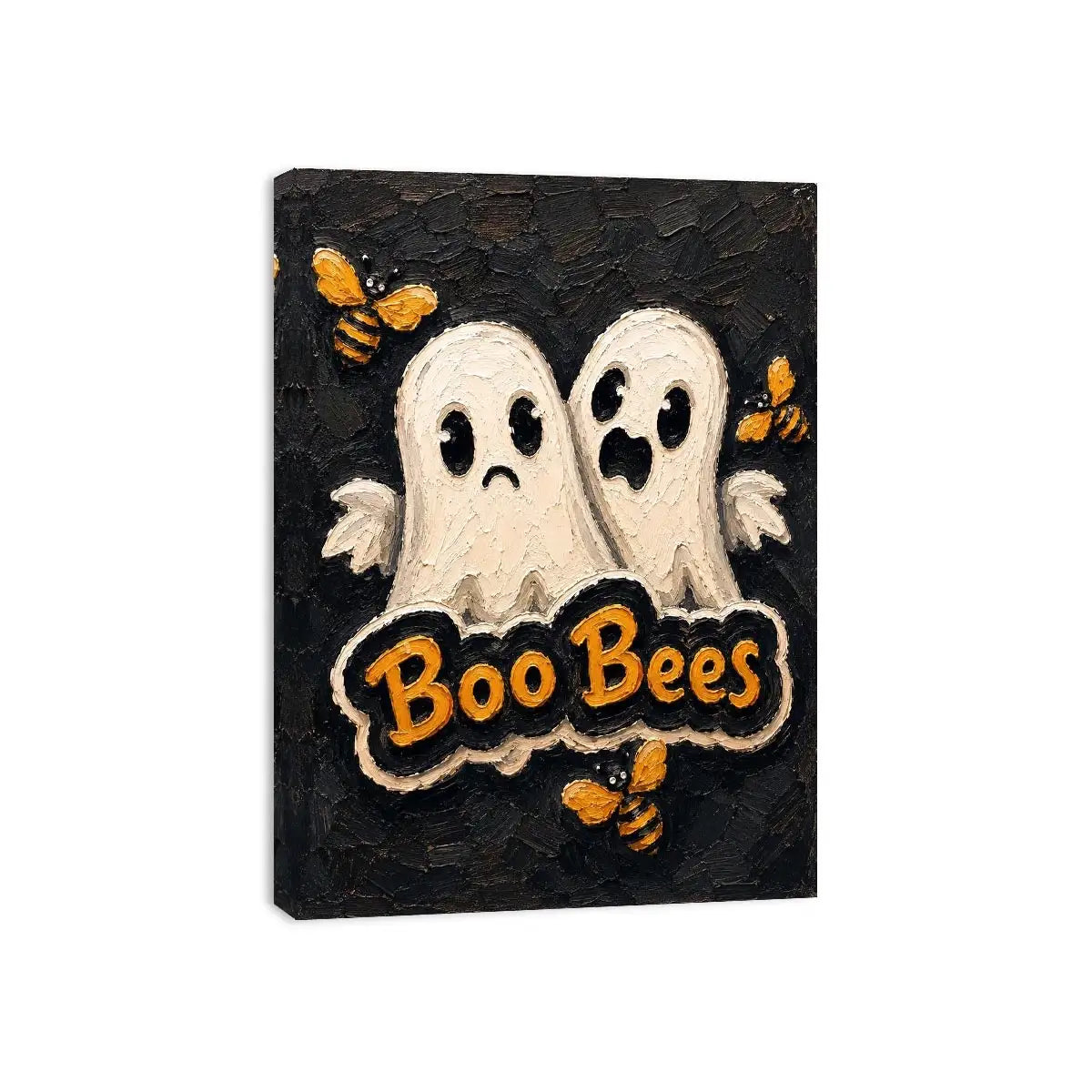 Spooky cute Halloween artwork featuring ghost characters and buzzing bees on a textured black background
