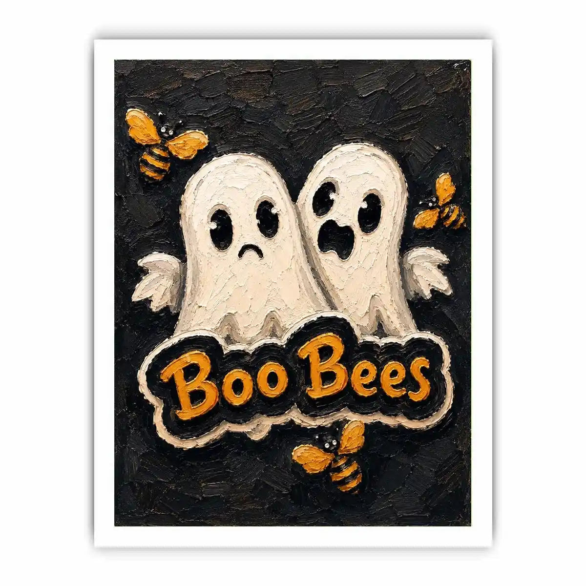 Spooky cute Halloween artwork featuring ghost characters and buzzing bees on a textured black background