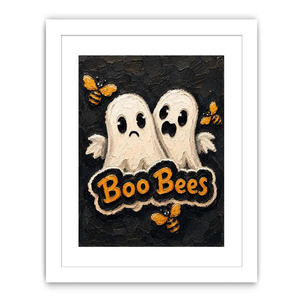Spooky cute Halloween artwork featuring ghost characters and buzzing bees on a textured black background