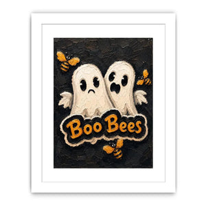 Spooky cute Halloween artwork featuring ghost characters and buzzing bees on a textured black background