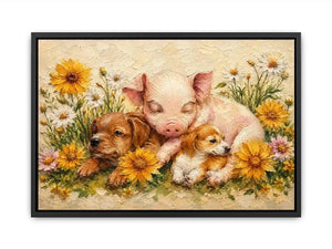 Heartwarming artwork featuring a sleeping piglet and puppies surrounded by blooming wildflowers in textured painterly style