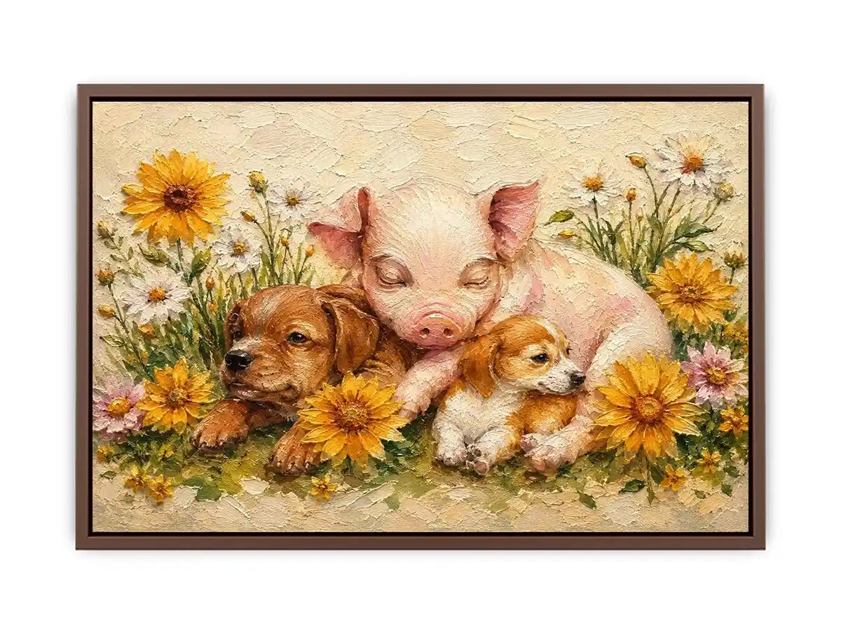 Heartwarming artwork featuring a sleeping piglet and puppies surrounded by blooming wildflowers in textured painterly style