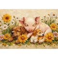 Heartwarming artwork featuring a sleeping piglet and puppies surrounded by blooming wildflowers in textured painterly style