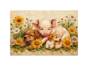 Heartwarming artwork featuring a sleeping piglet and puppies surrounded by blooming wildflowers in textured painterly style