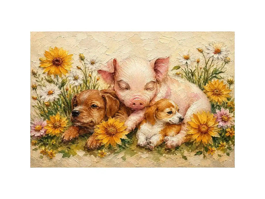 Heartwarming artwork featuring a sleeping piglet and puppies surrounded by blooming wildflowers in textured painterly style