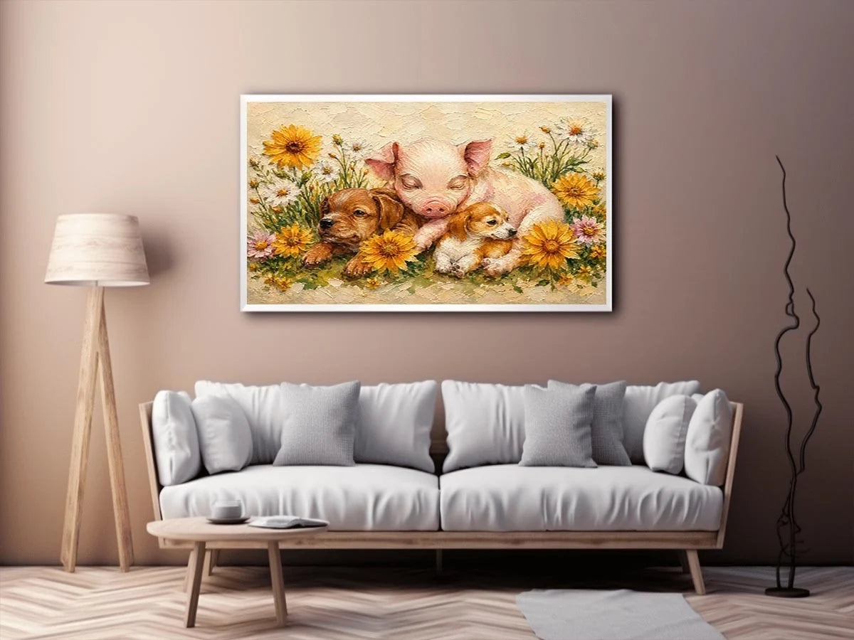 Heartwarming artwork featuring a sleeping piglet and puppies surrounded by blooming wildflowers in textured painterly style