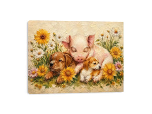 Heartwarming artwork featuring a sleeping piglet and puppies surrounded by blooming wildflowers in textured painterly style