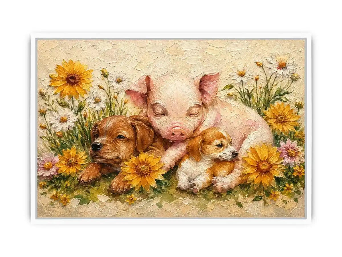Heartwarming artwork featuring a sleeping piglet and puppies surrounded by blooming wildflowers in textured painterly style