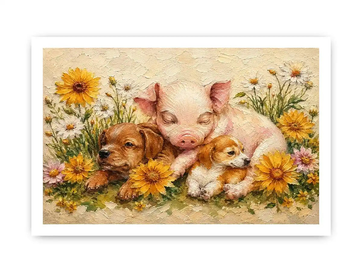 Heartwarming artwork featuring a sleeping piglet and puppies surrounded by blooming wildflowers in textured painterly style
