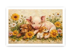 Heartwarming artwork featuring a sleeping piglet and puppies surrounded by blooming wildflowers in textured painterly style